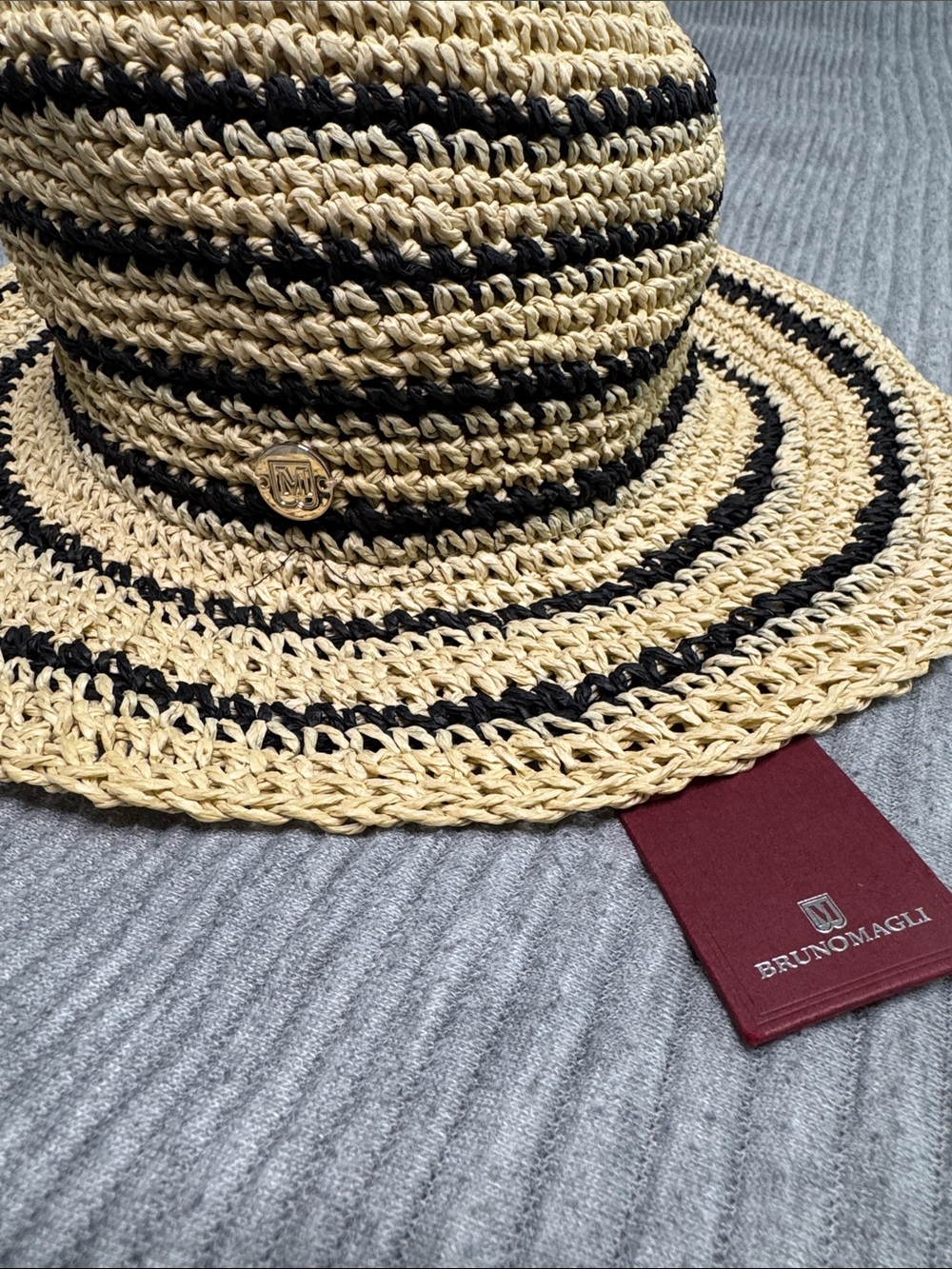 Brunomagli Striped Straw Bucket Hat NWT Tan Black Resort Beach